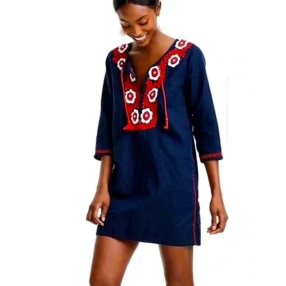 J. Crew Navy Blue & Red Embroidered Floral Beach Tunic Dress Coverup Sz M